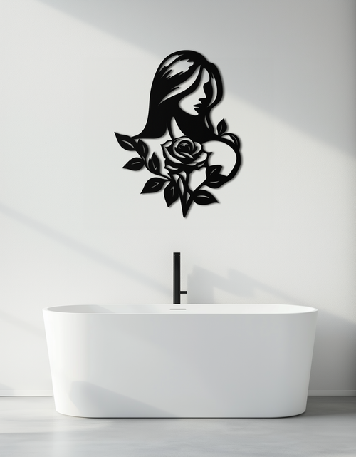 Load image into Gallery viewer, Woman and Rose Silhouette Metal Wall Art – Floral Line Art Metal Decor- KAF633
