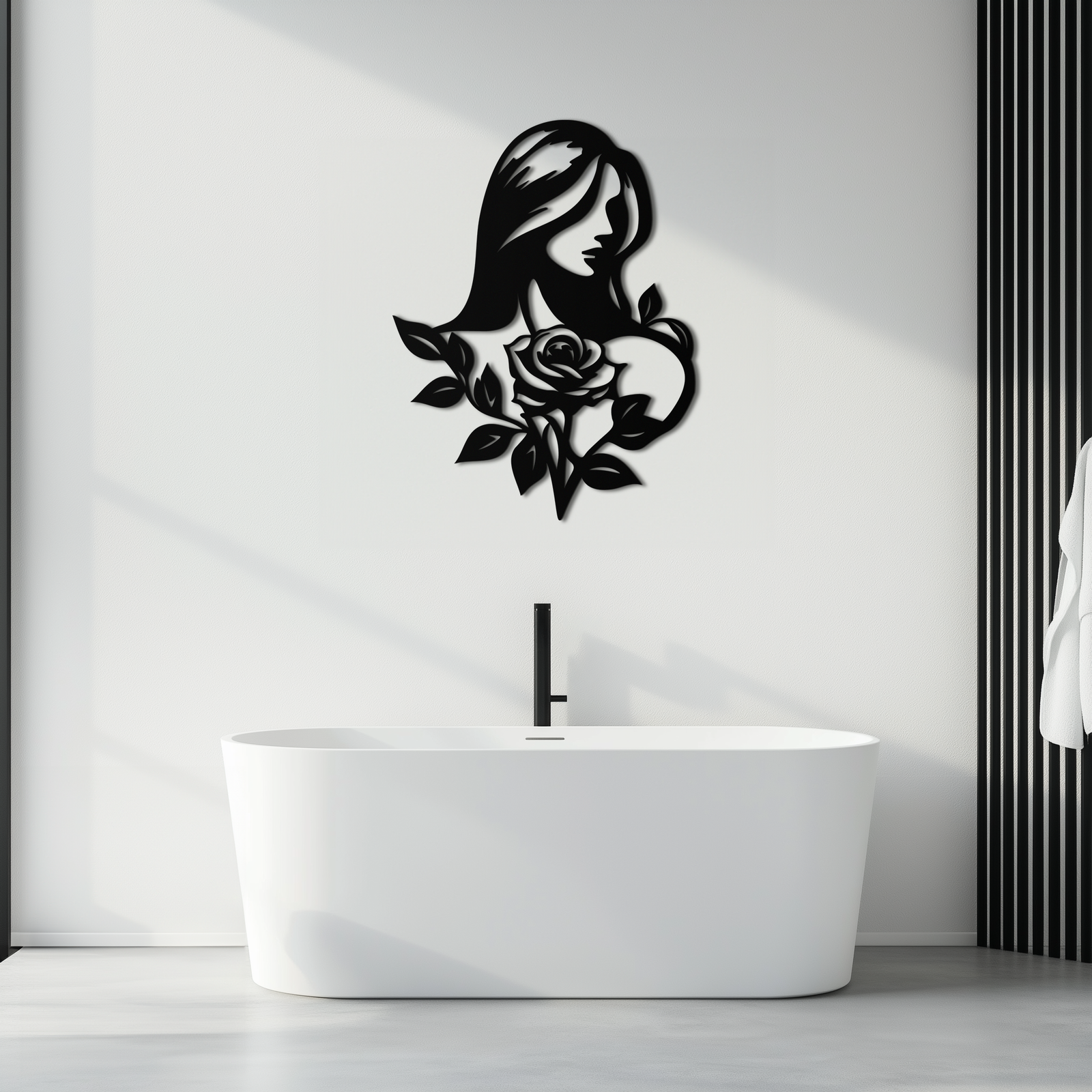 Woman and Rose Silhouette Metal Wall Art – Floral Line Art Metal Decor- KAF633