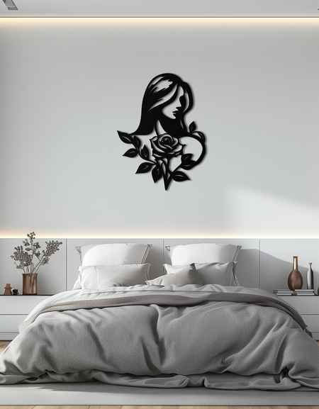 Kadın ve Gül Silüeti Metal Duvar Sanatı – Çiçekli Çizgi Sanatı Metal Dekor- KAF633