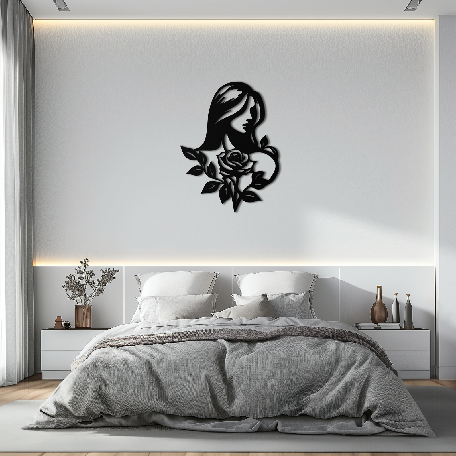 Woman and Rose Silhouette Metal Wall Art – Floral Line Art Metal Decor- KAF633