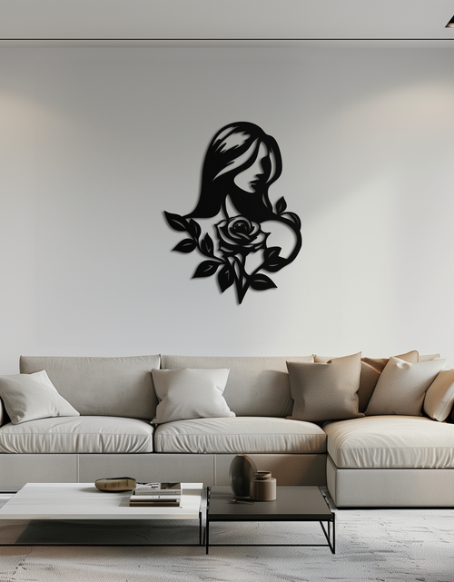 Load image into Gallery viewer, Woman and Rose Silhouette Metal Wall Art – Floral Line Art Metal Decor- KAF633
