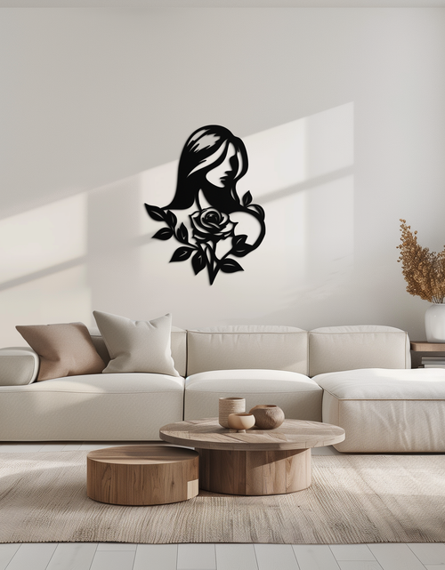 Load image into Gallery viewer, Woman and Rose Silhouette Metal Wall Art – Floral Line Art Metal Decor- KAF633
