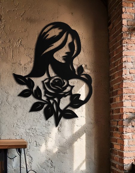 Kadın ve Gül Silüeti Metal Duvar Sanatı – Çiçekli Çizgi Sanatı Metal Dekor- KAF633