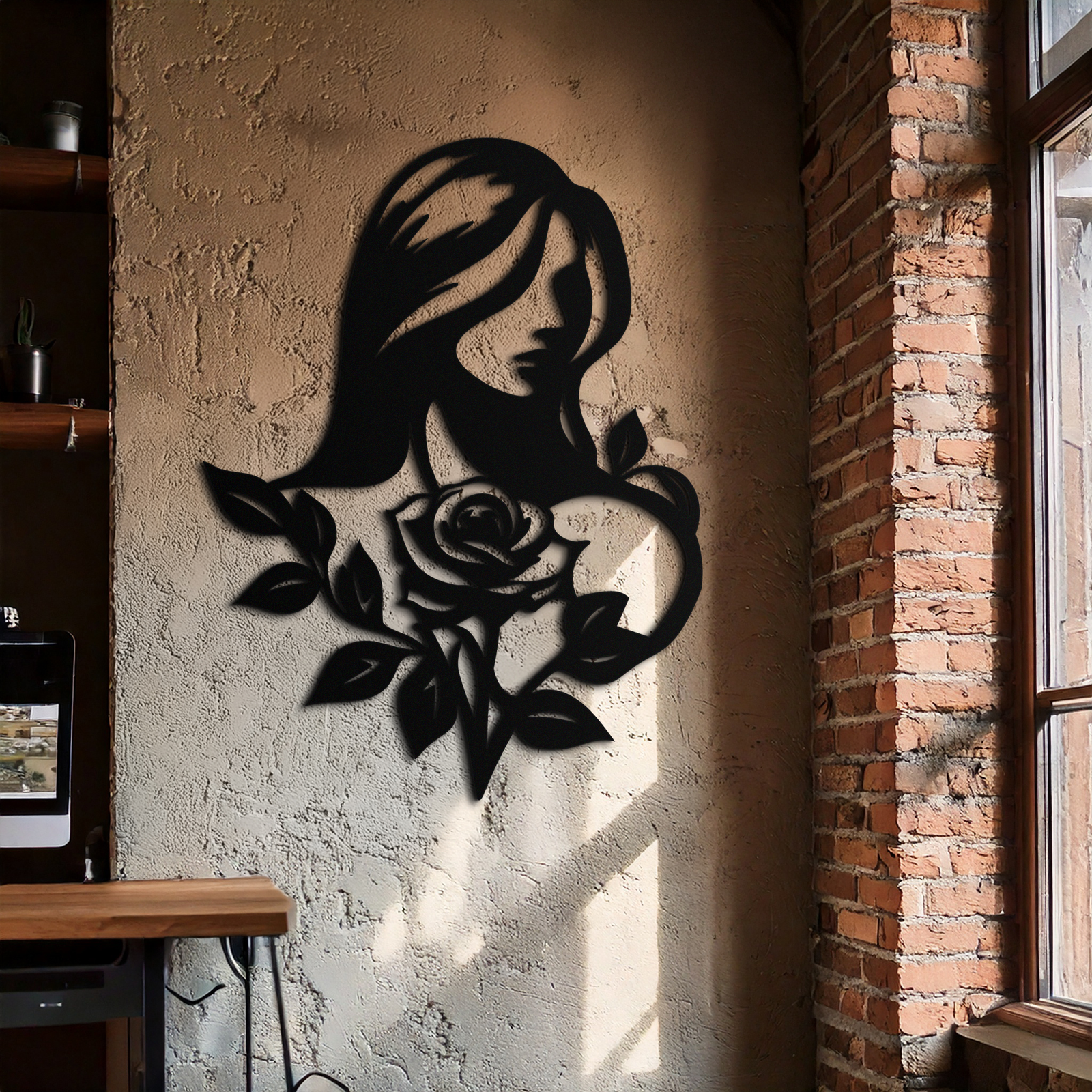 Woman and Rose Silhouette Metal Wall Art – Floral Line Art Metal Decor- KAF633