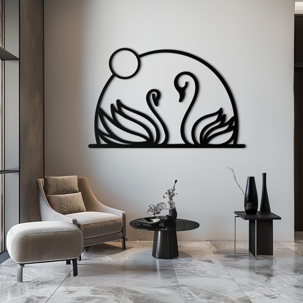 Elegant Swan Couple Silhouette Metal Wall Art – Romantic Bird Design for Home Decor- KAF634
