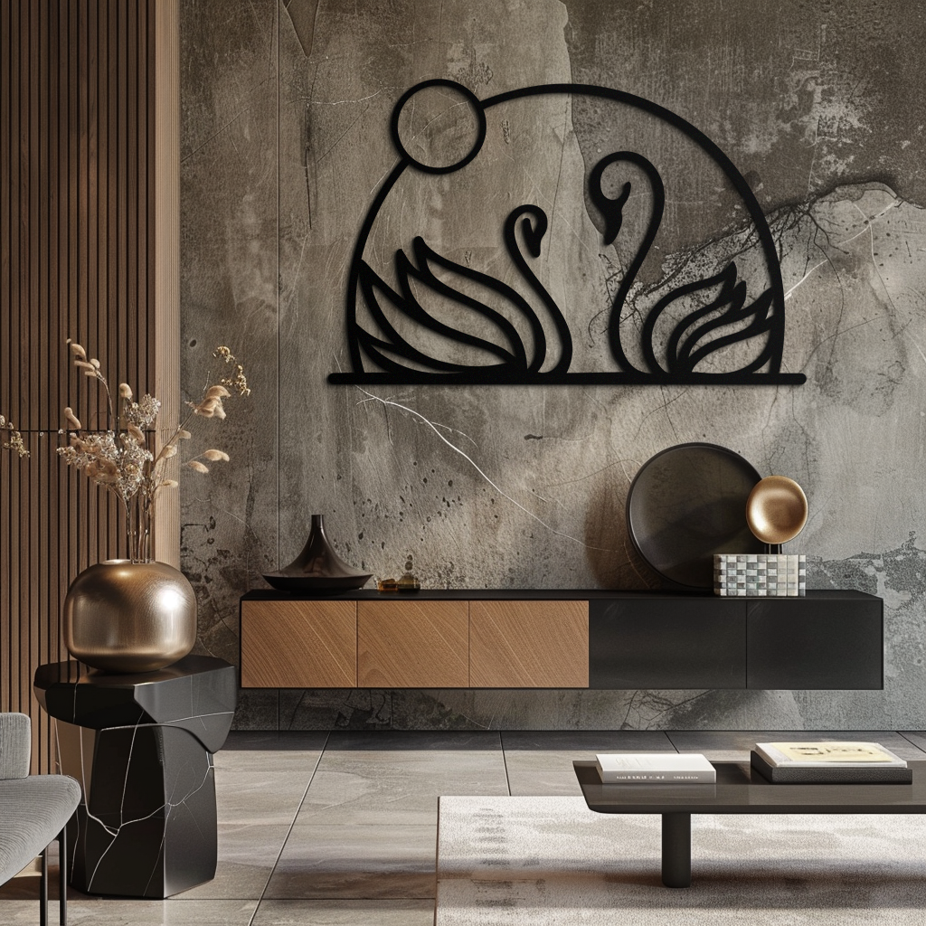 Elegant Swan Couple Silhouette Metal Wall Art – Romantic Bird Design for Home Decor- KAF634