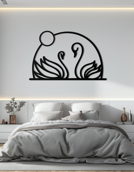 Elegant Swan Couple Silhouette Metal Wall Art – Romantic Bird Design for Home Decor- KAF634