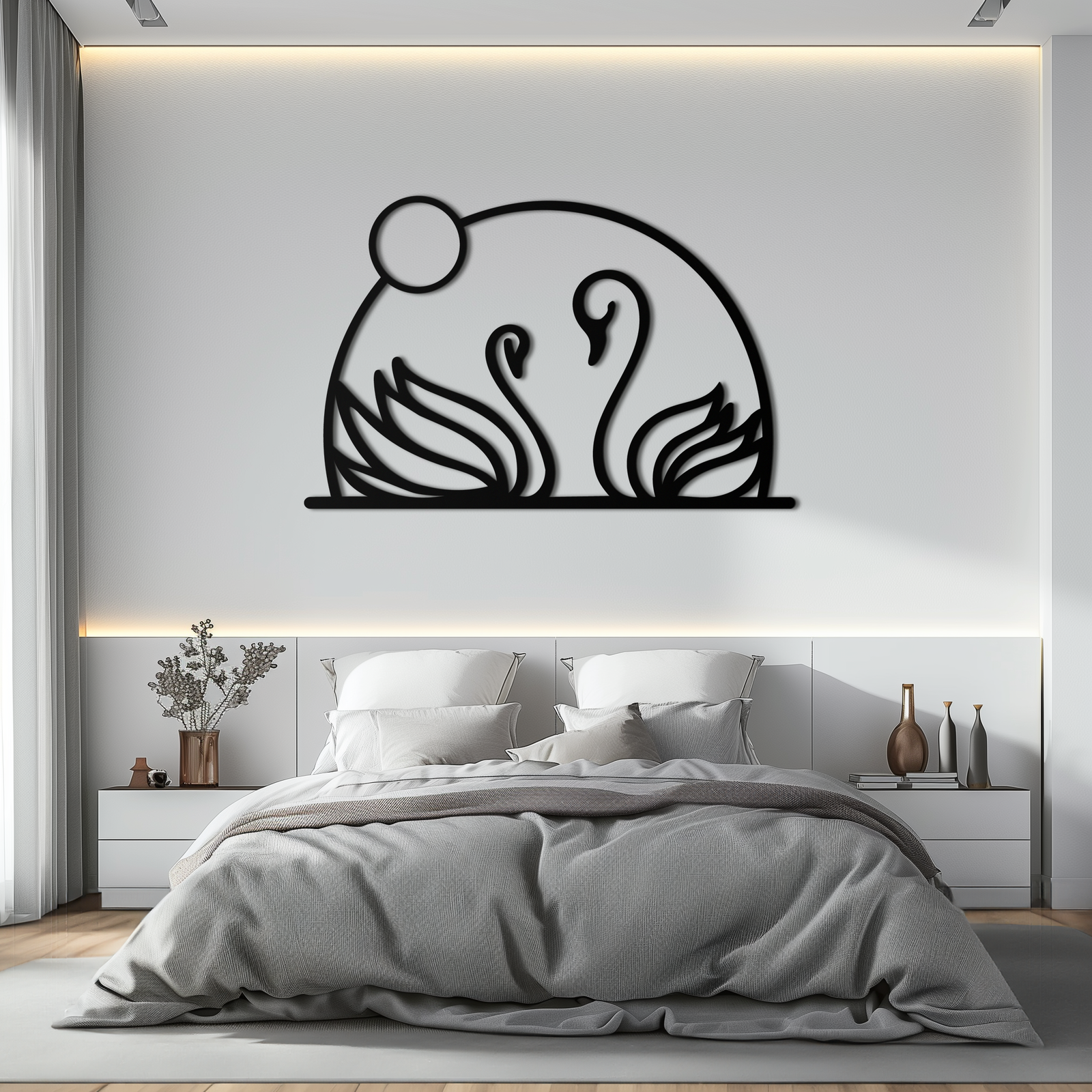 Elegant Swan Couple Silhouette Metal Wall Art – Romantic Bird Design for Home Decor- KAF634