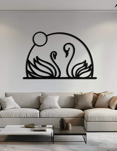 Elegant Swan Couple Silhouette Metal Wall Art – Romantic Bird Design for Home Decor- KAF634