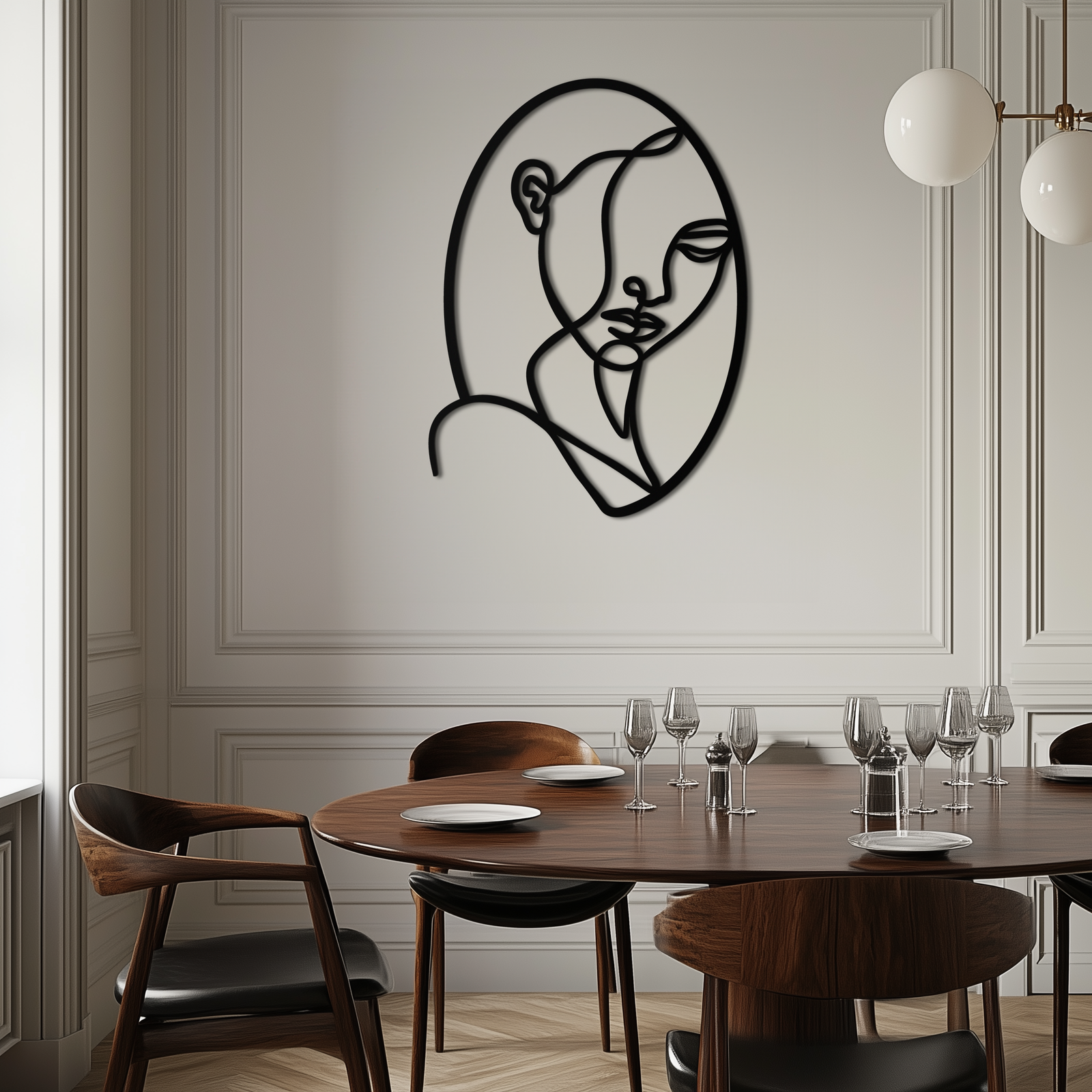 Abstract Woman Face Line Art – Minimalist Metal Wall Decor in Oval Frame- KAF635
