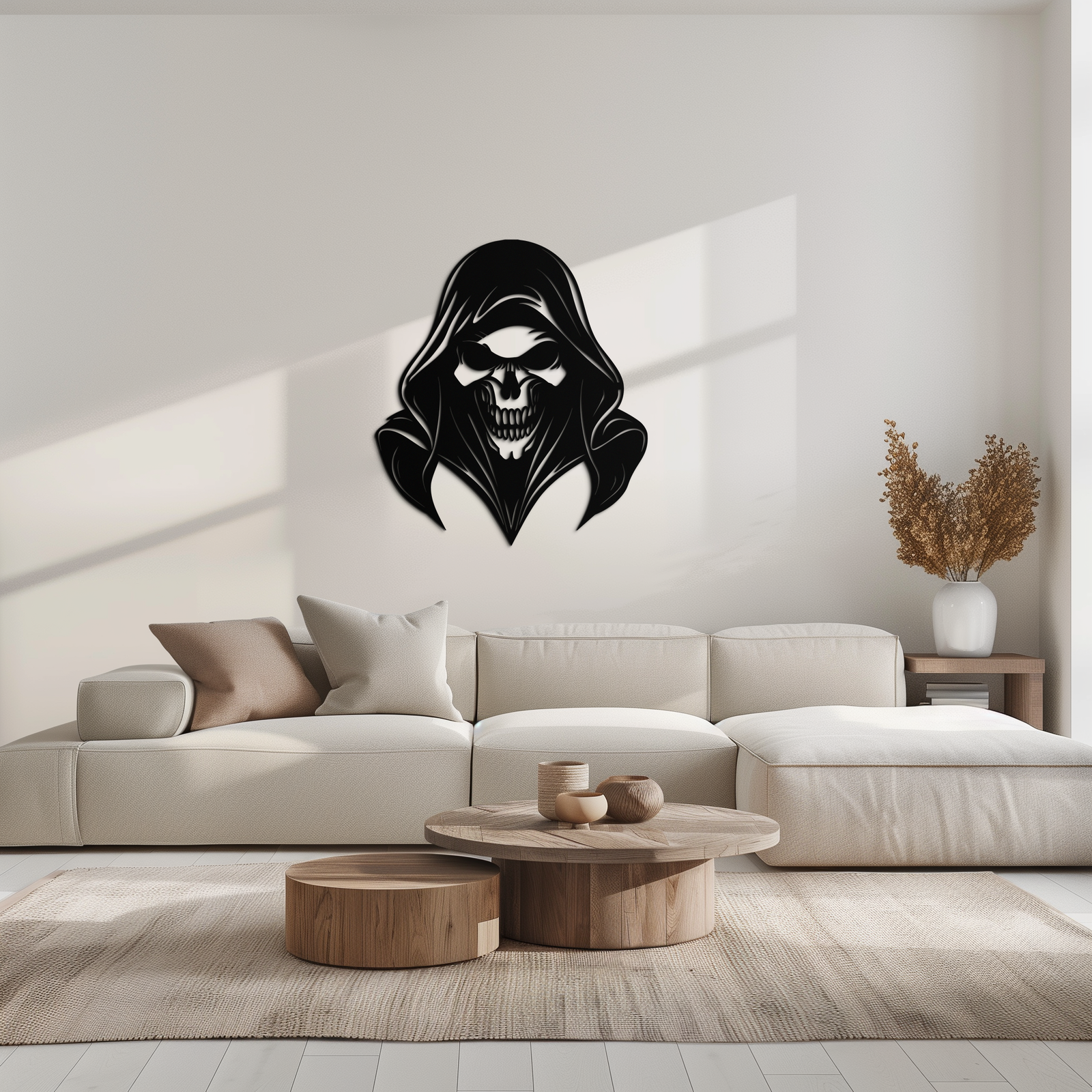 Grim Reaper Kapşonlu Kafatası Metal Duvar Sanatı – Karanlık Gotik Korku Siluet Tasarımı- KAF637