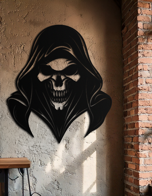 Resmi Galeri görüntüleyicisine yükleyin, Grim Reaper Kapşonlu Kafatası Metal Duvar Sanatı – Karanlık Gotik Korku Siluet Tasarımı- KAF637
