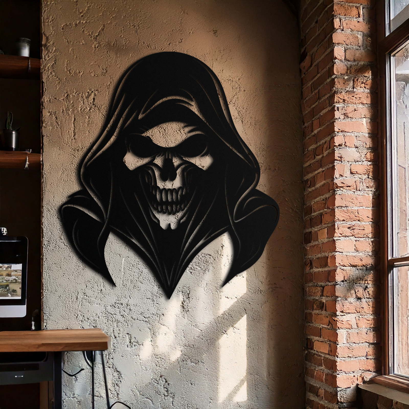 Grim Reaper Kapşonlu Kafatası Metal Duvar Sanatı – Karanlık Gotik Korku Siluet Tasarımı- KAF637