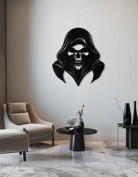 Grim Reaper Kapşonlu Kafatası Metal Duvar Sanatı – Karanlık Gotik Korku Siluet Tasarımı- KAF637