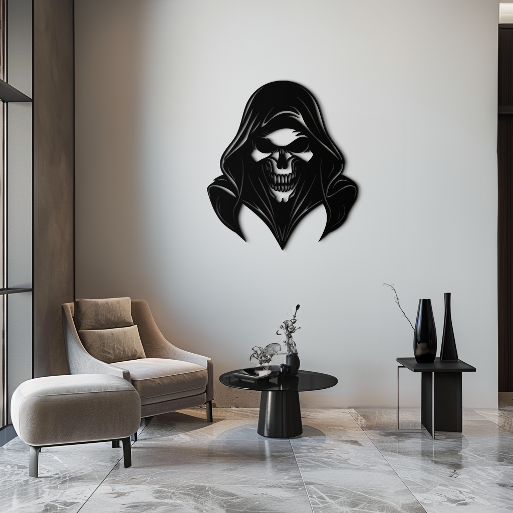 Grim Reaper Kapşonlu Kafatası Metal Duvar Sanatı – Karanlık Gotik Korku Siluet Tasarımı- KAF637