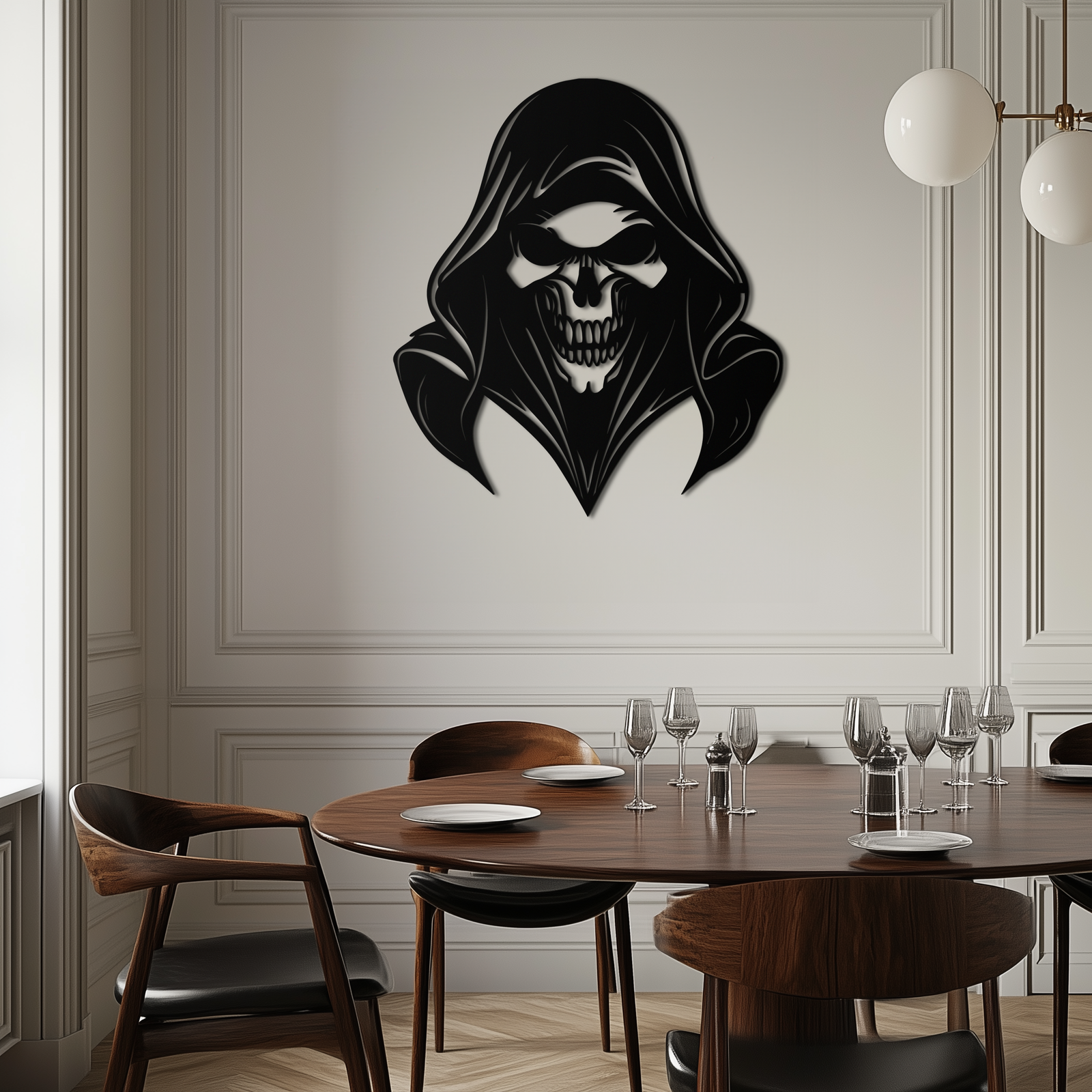 Grim Reaper Kapşonlu Kafatası Metal Duvar Sanatı – Karanlık Gotik Korku Siluet Tasarımı- KAF637