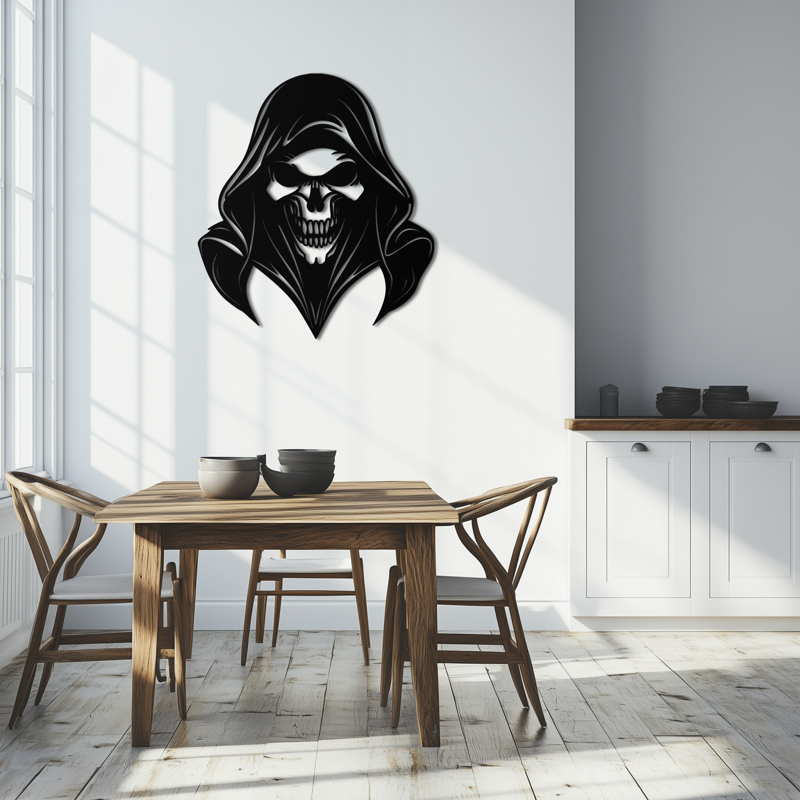 Grim Reaper Kapşonlu Kafatası Metal Duvar Sanatı – Karanlık Gotik Korku Siluet Tasarımı- KAF637