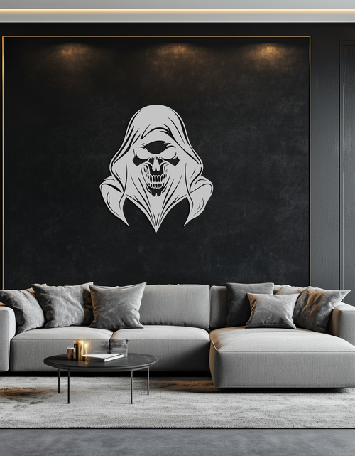 Resmi Galeri görüntüleyicisine yükleyin, Grim Reaper Kapşonlu Kafatası Metal Duvar Sanatı – Karanlık Gotik Korku Siluet Tasarımı- KAF637
