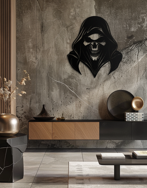 Resmi Galeri görüntüleyicisine yükleyin, Grim Reaper Kapşonlu Kafatası Metal Duvar Sanatı – Karanlık Gotik Korku Siluet Tasarımı- KAF637
