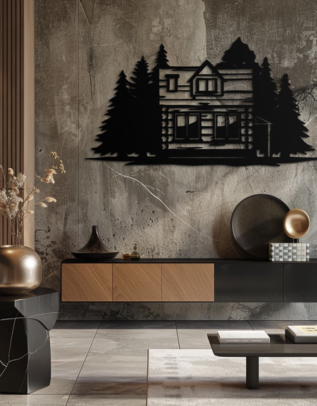 Dağ Kütük Kulübesi Metal Duvar Sanatı – Ev ve Pansiyon İçin Doğadan Esinlenilmiş Açık Hava Duvar Dekoru- KAF640