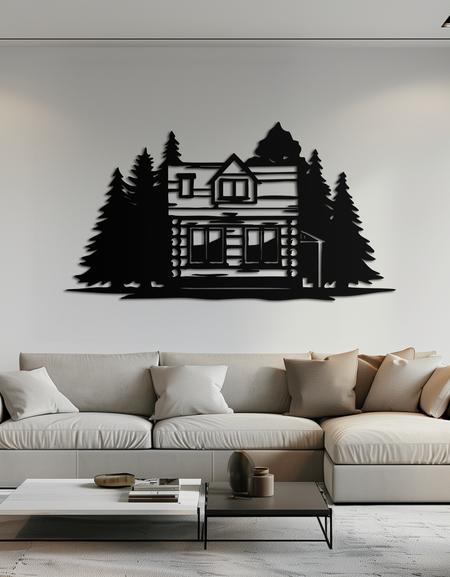 Dağ Kütük Kulübesi Metal Duvar Sanatı – Ev ve Pansiyon İçin Doğadan Esinlenilmiş Açık Hava Duvar Dekoru- KAF640