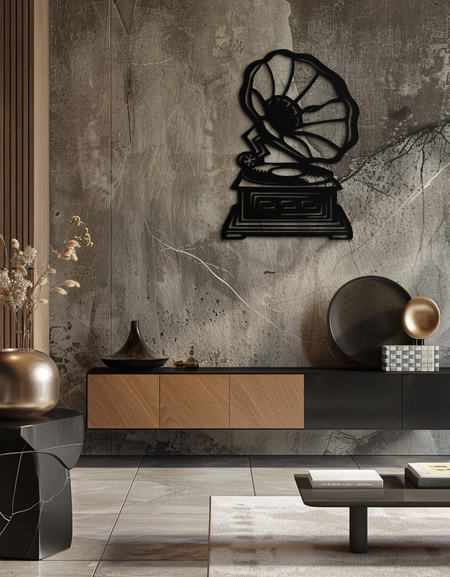 Vintage Gramofon Metal Duvar Sanatı – Retro Müzikten Esinlenilmiş Ev Dekor Parçası - KAF642