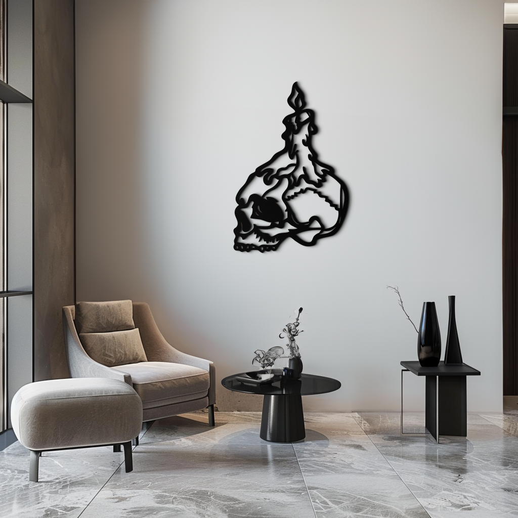 Candle on Skull Gothic Style Metal Wall Art – Dark Themed Home Decor - KAF643