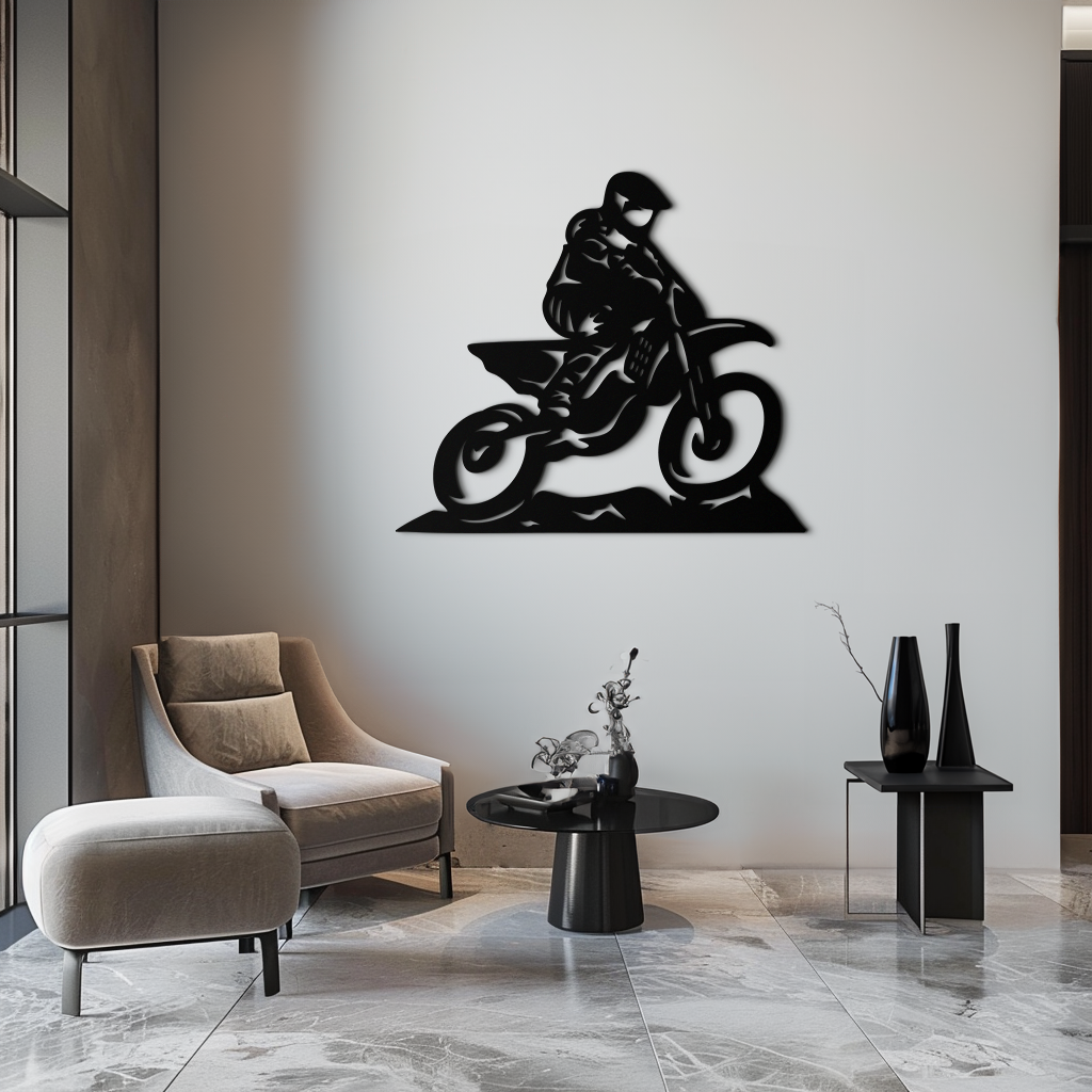 Dinamik Motocross Sürücüsü Metal Duvar Sanatı – Off-Road Motosiklet Silüeti Dekoru - KAF645