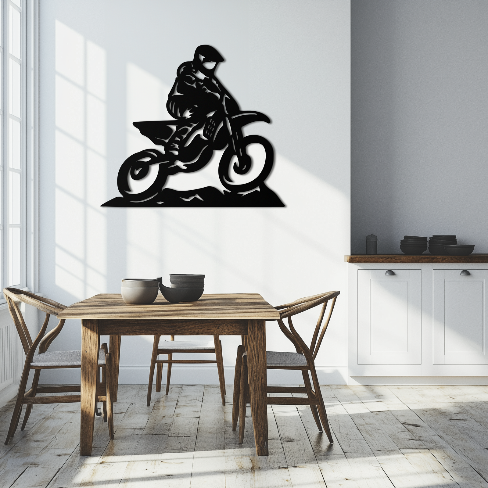 Dinamik Motocross Sürücüsü Metal Duvar Sanatı – Off-Road Motosiklet Silüeti Dekoru - KAF645
