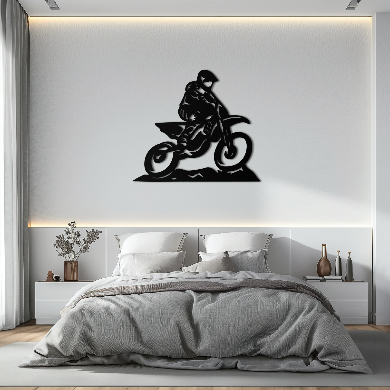 Dinamik Motocross Sürücüsü Metal Duvar Sanatı – Off-Road Motosiklet Silüeti Dekoru - KAF645