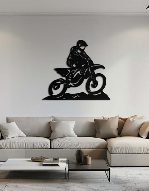 Resmi Galeri görüntüleyicisine yükleyin, Dinamik Motocross Sürücüsü Metal Duvar Sanatı – Off-Road Motosiklet Silüeti Dekoru - KAF645
