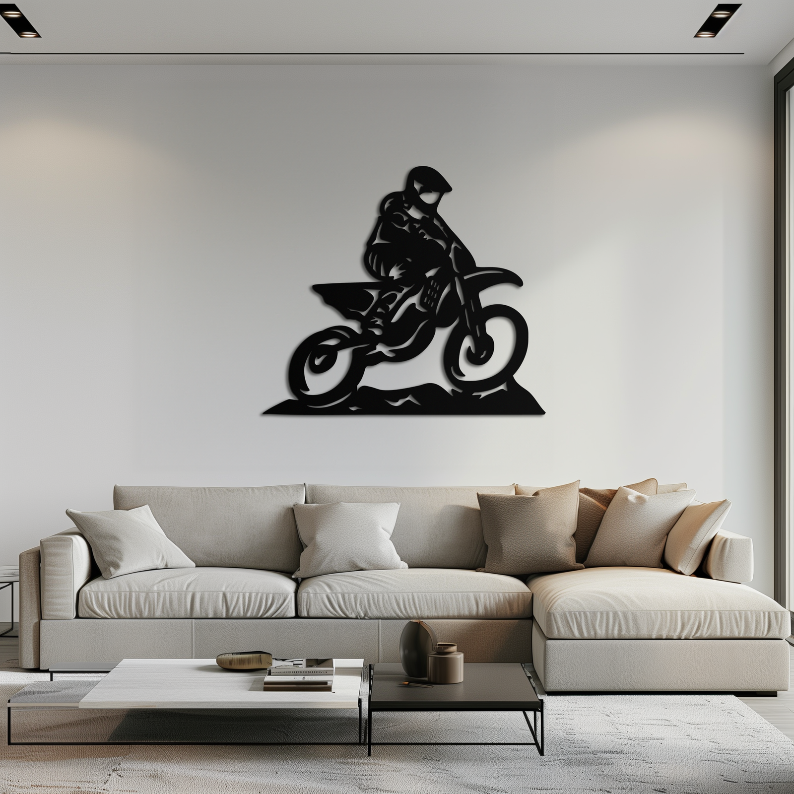 Dinamik Motocross Sürücüsü Metal Duvar Sanatı – Off-Road Motosiklet Silüeti Dekoru - KAF645