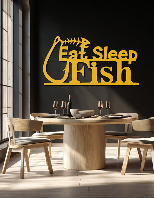 Load image into Gallery viewer, &quot;Eat, Sleep, Fish&quot; Metal Wall Art – Fishing Enthusiast Design with Hook and Phrase- KAF670
