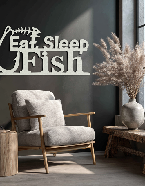 Load image into Gallery viewer, &quot;Eat, Sleep, Fish&quot; Metal Wall Art – Fishing Enthusiast Design with Hook and Phrase- KAF670
