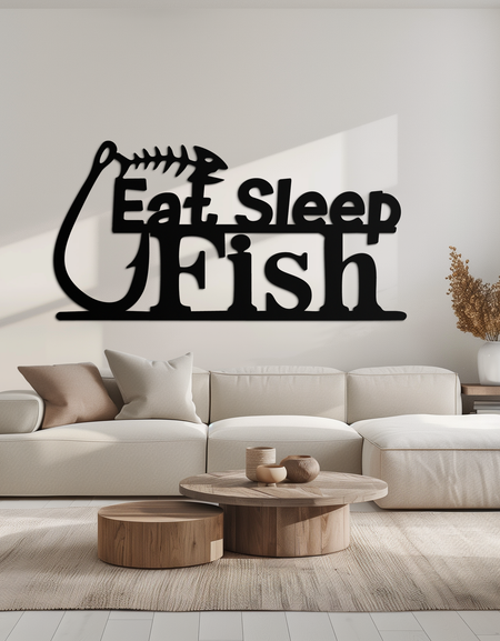"Eat, Sleep, Fish" Metal Wall Art – Fishing Enthusiast Design with Hook and Phrase- KAF670