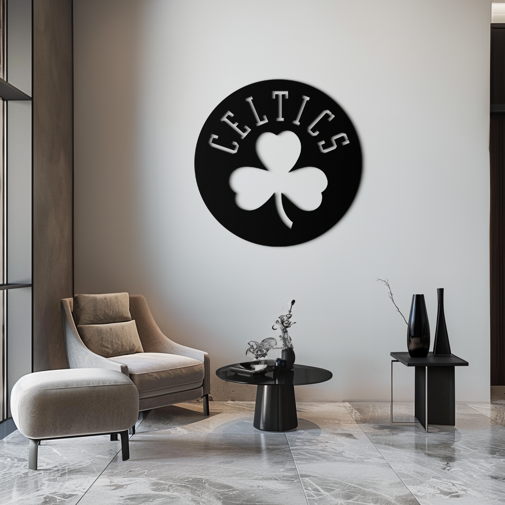 Celtics Shamrock Emblem Metal Wall Art – Bold Round Sports Decor for Fans- KAF671