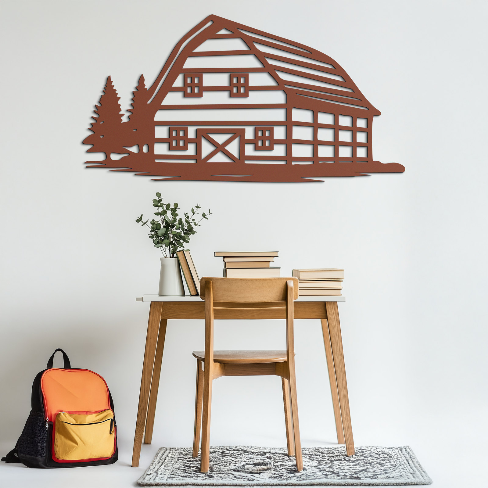Rustic Barn and Pine Trees Metal Wall Art – Country House Landscape Silhouette Decor- KAF681