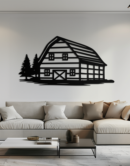 Rustik Ahır ve Çam Ağaçları Metal Duvar Sanatı – Kır Evi Manzara Silüeti Dekoru- KAF681