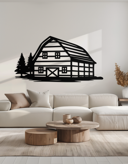 Rustik Ahır ve Çam Ağaçları Metal Duvar Sanatı – Kır Evi Manzara Silüeti Dekoru- KAF681