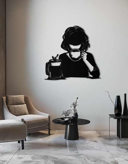 Kahve Kızı Siluet Metal Duvar Sanatı – Kahve İçin Rahat Siyah Modern Ev Dekoru - KAF683