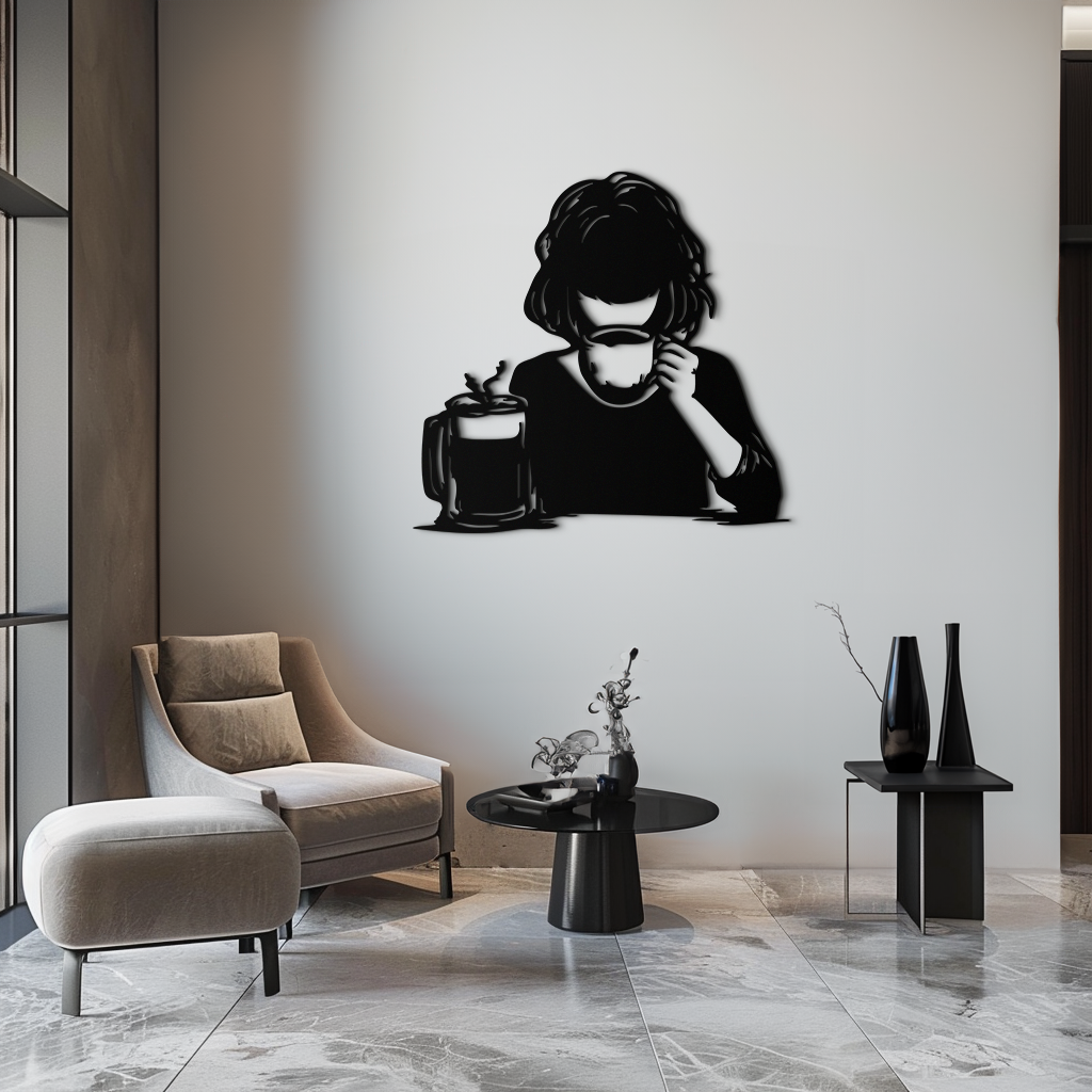Coffee Girl Silhouette Metal Wall Art – Cozy Black Modern Home Decor for Coffee - KAF683