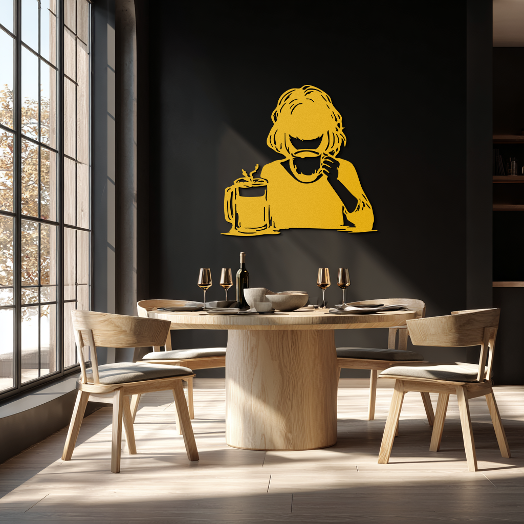 Coffee Girl Silhouette Metal Wall Art – Cozy Black Modern Home Decor for Coffee - KAF683