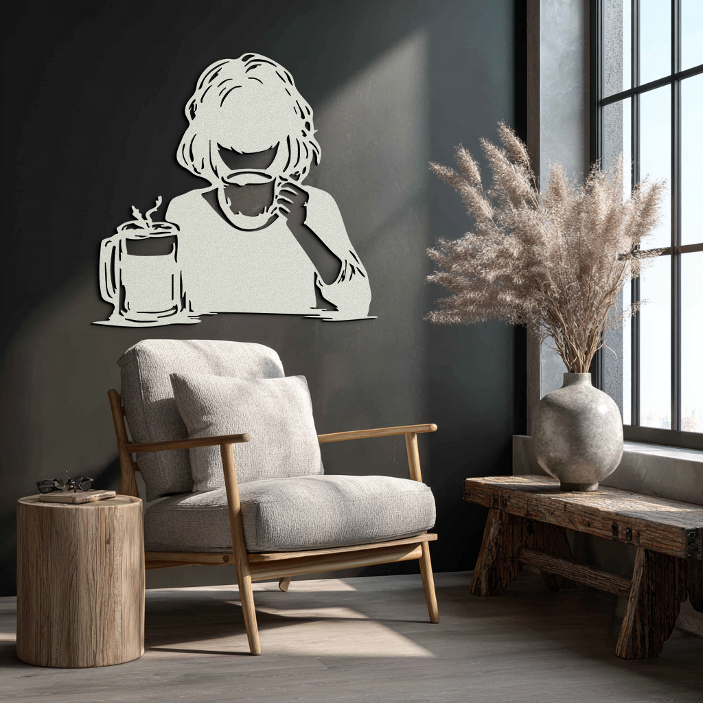 Coffee Girl Silhouette Metal Wall Art – Cozy Black Modern Home Decor for Coffee - KAF683