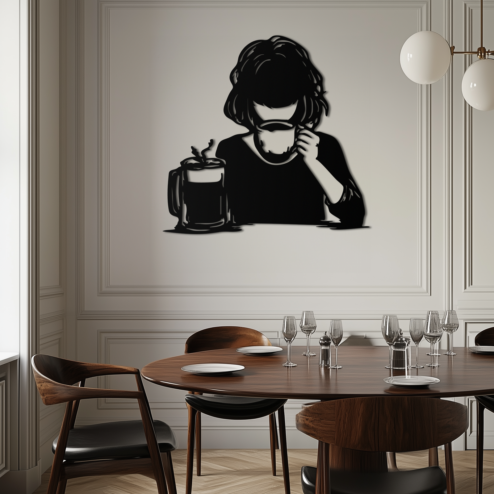 Coffee Girl Silhouette Metal Wall Art – Cozy Black Modern Home Decor for Coffee - KAF683
