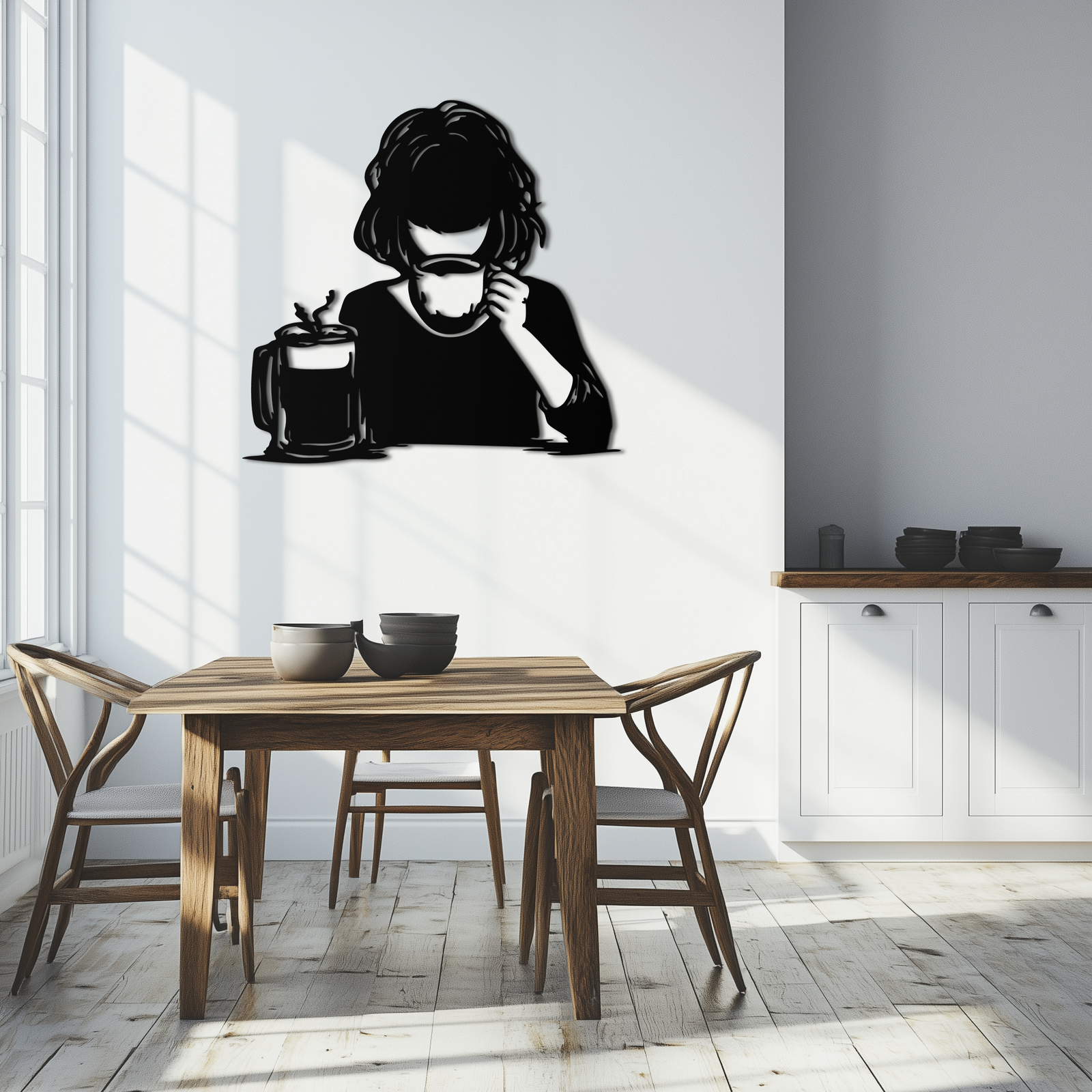 Coffee Girl Silhouette Metal Wall Art – Cozy Black Modern Home Decor for Coffee - KAF683