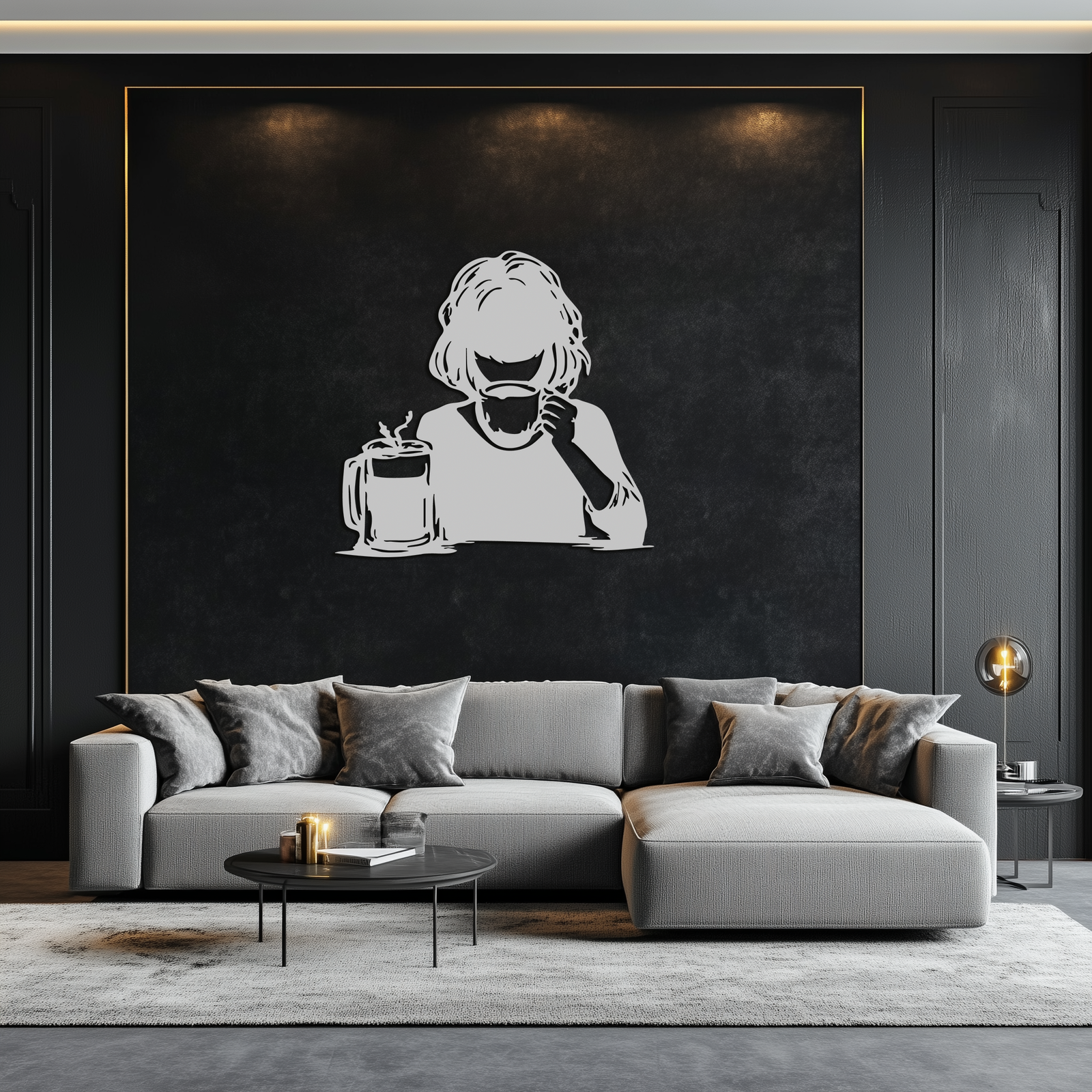 Coffee Girl Silhouette Metal Wall Art – Cozy Black Modern Home Decor for Coffee - KAF683