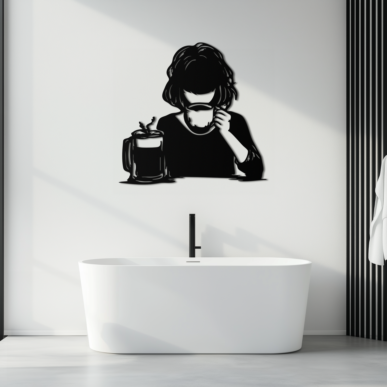 Coffee Girl Silhouette Metal Wall Art – Cozy Black Modern Home Decor for Coffee - KAF683