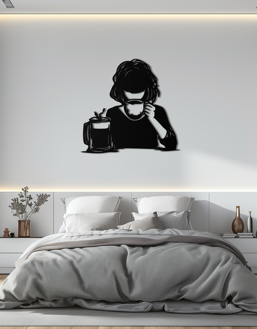 Load image into Gallery viewer, Coffee Girl Silhouette Metal Wall Art – Cozy Black Modern Home Decor for Coffee - KAF683

