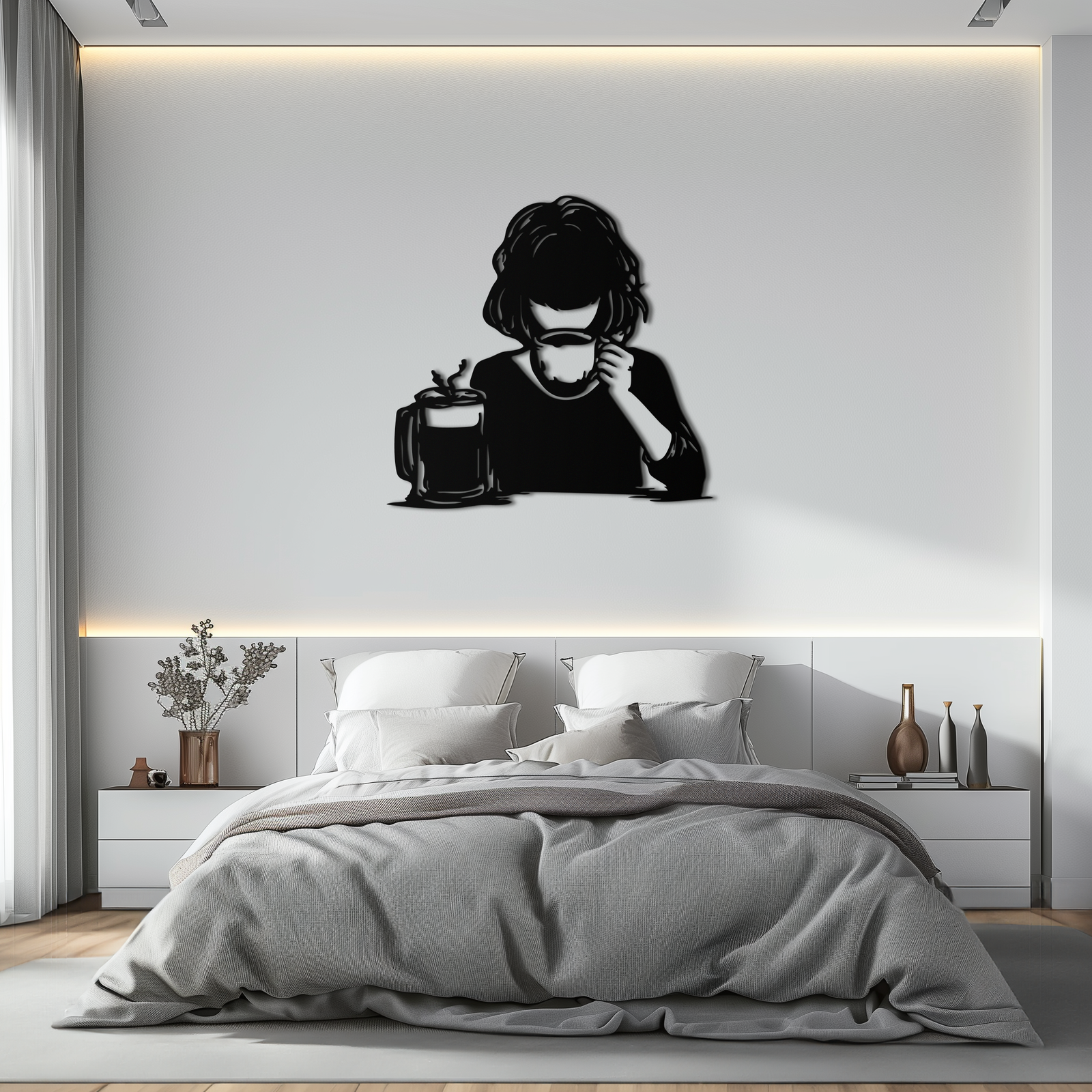 Coffee Girl Silhouette Metal Wall Art – Cozy Black Modern Home Decor for Coffee - KAF683