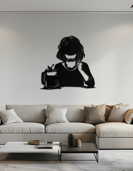 Kahve Kızı Siluet Metal Duvar Sanatı – Kahve İçin Rahat Siyah Modern Ev Dekoru - KAF683